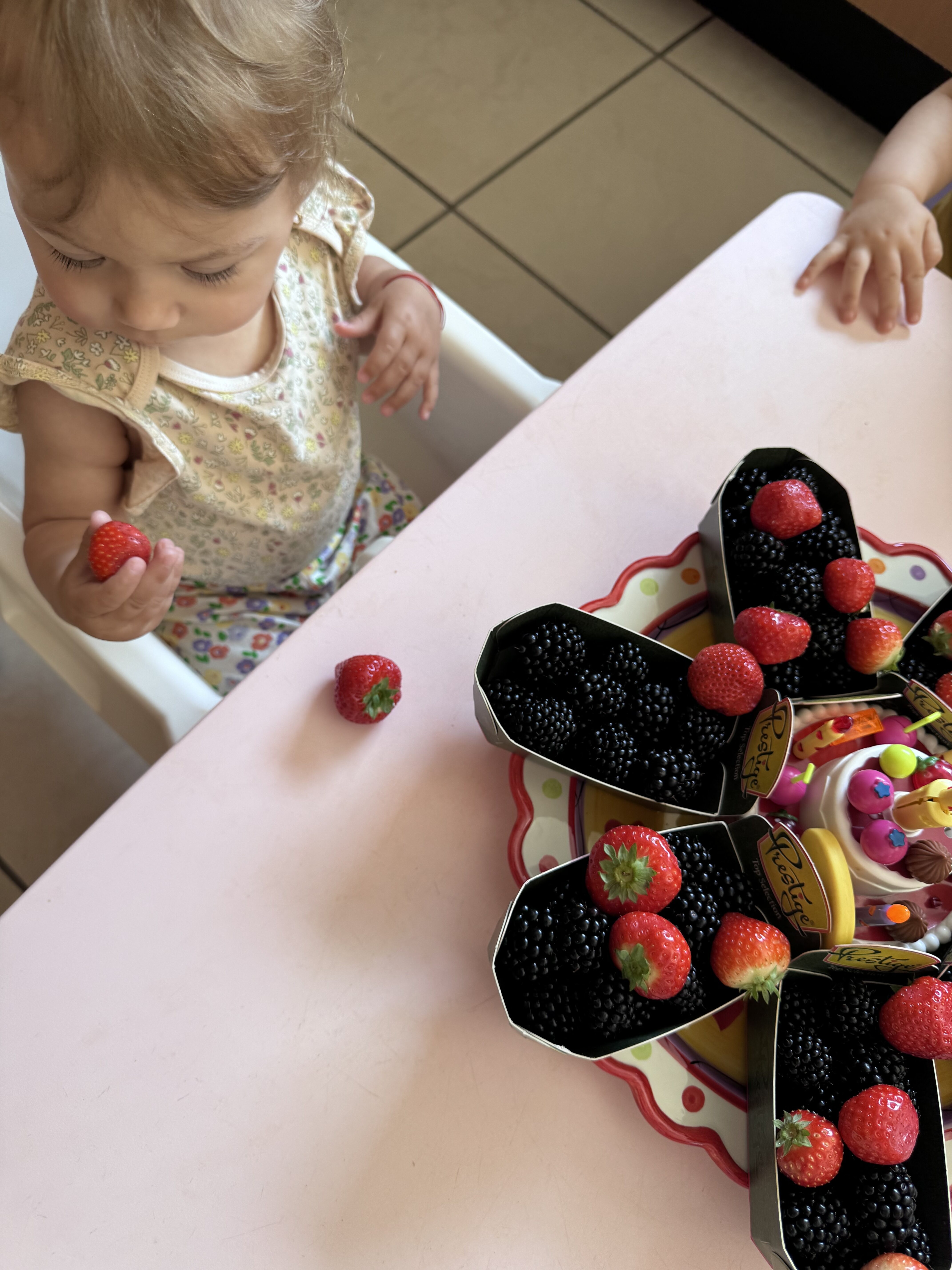 Een kleuter zit aan een tafel met aardbeien en zwarte bessen in bakjes op een bord.